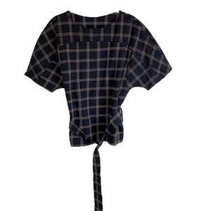 𝅺zara Woman Check Print Belter Short Sleeve Blouse Black Brown medium